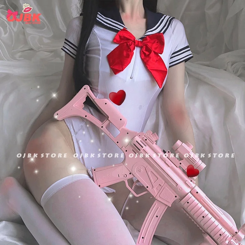 OJBK New Sexy Costumes School Girls Cosplay Exotic Apparel For Women Short Sleeves Bodysuit Adorable Swimsuit With Rosette 2022