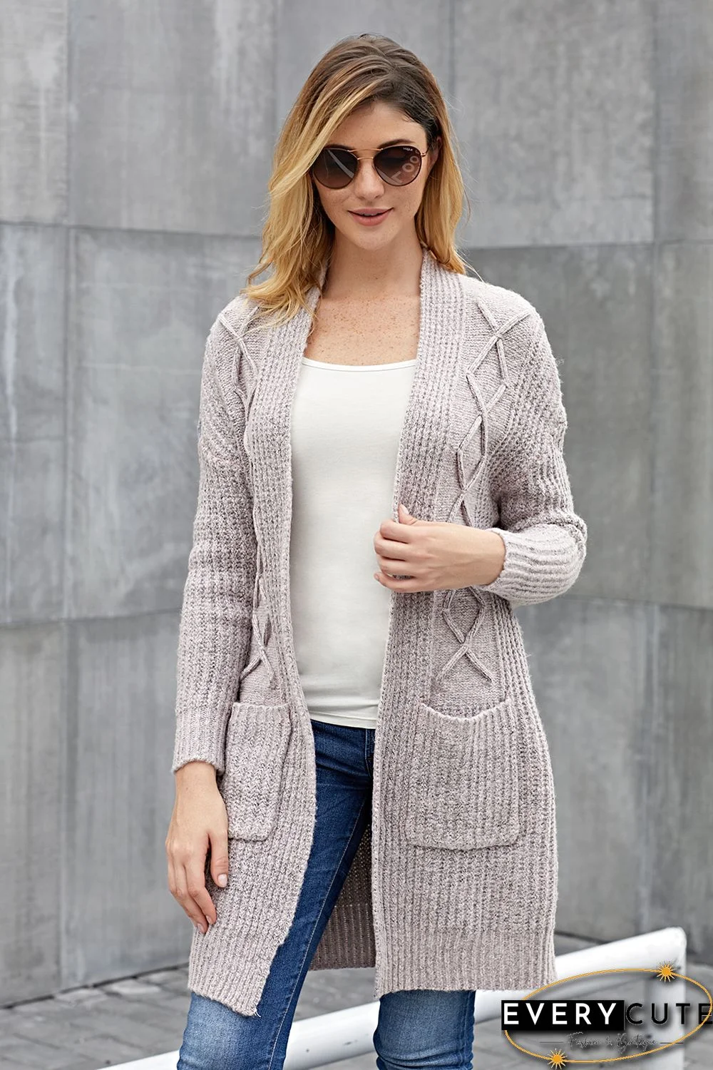 Coffee Pocketed Cable Knit Cardigan