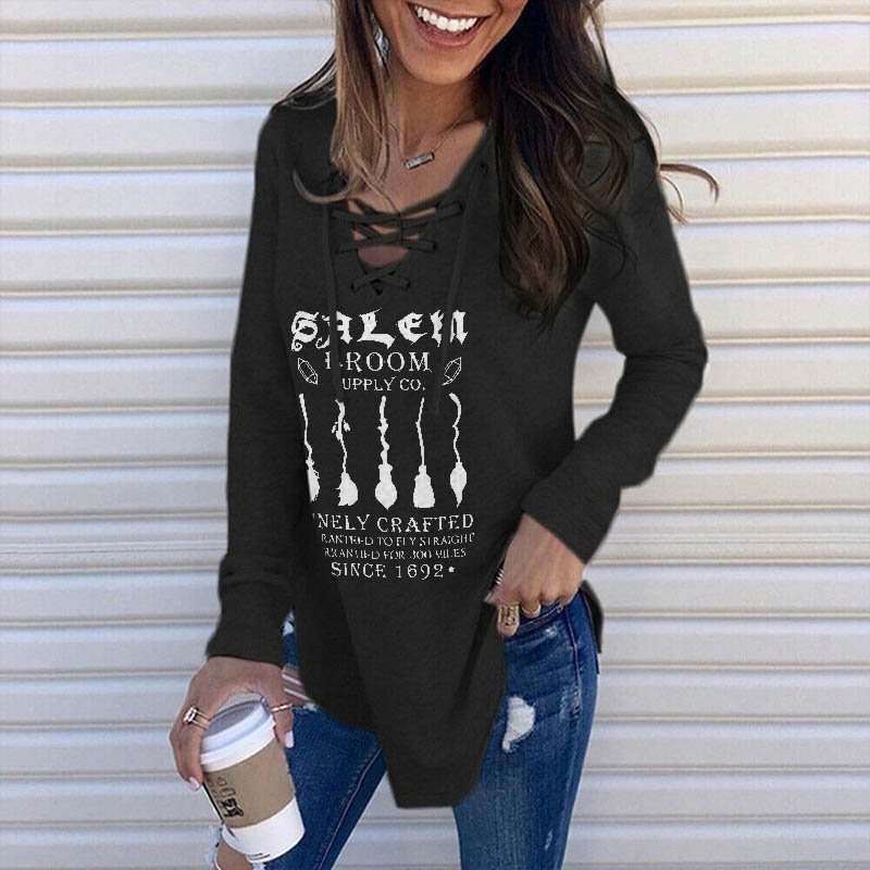Salem Broom Supply Co. Print Long Sleeves Lace-up Graphic Tees
