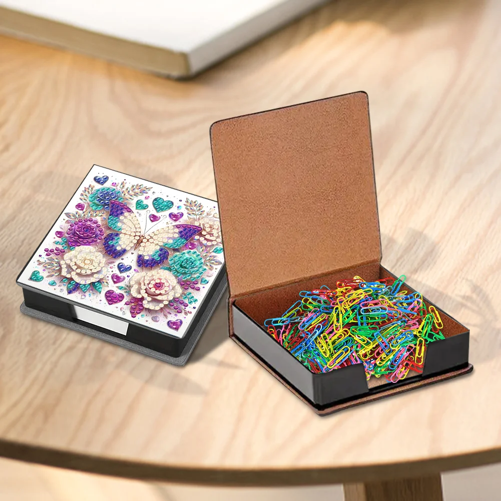 DIY Flower Butterfly Leather Diamond Art Note Box with 160 Sheets of Paper for Beginners