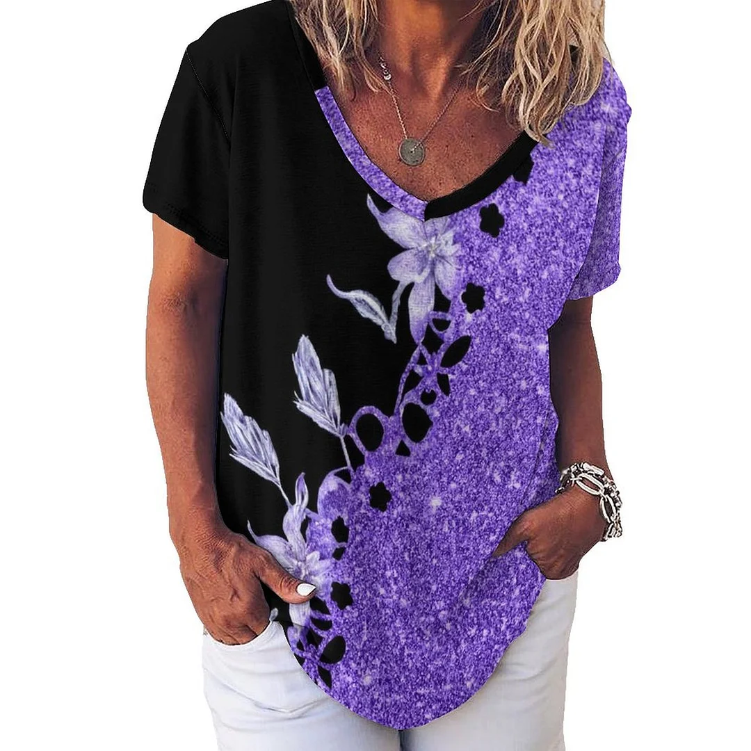 V-neck Short Sleeve Casual T-shirt for  Women Printed with Pattern Purple, Floral, Glitter