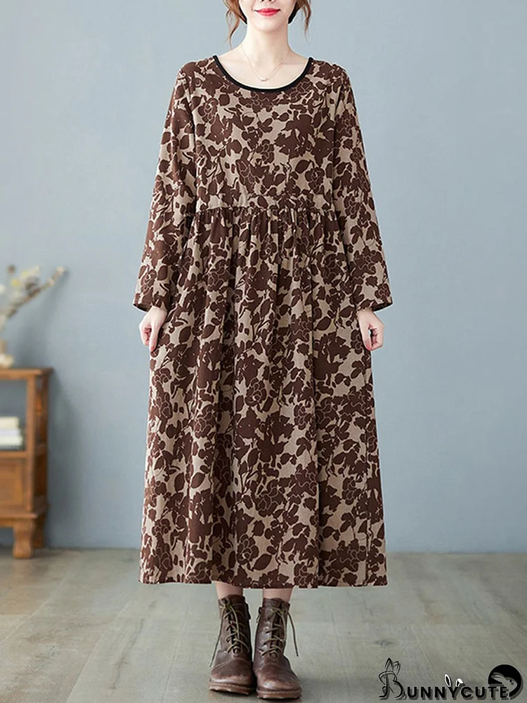 Artistic Retro Ramie Cotton Floral Printed Pleated Round-Neck Long Sleeves Midi Dress