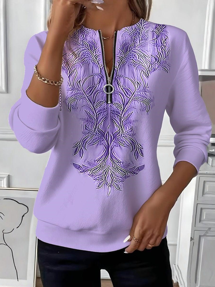 Women Long Sleeve Scoop Neck Floral Printed Graphic Zipper Tops