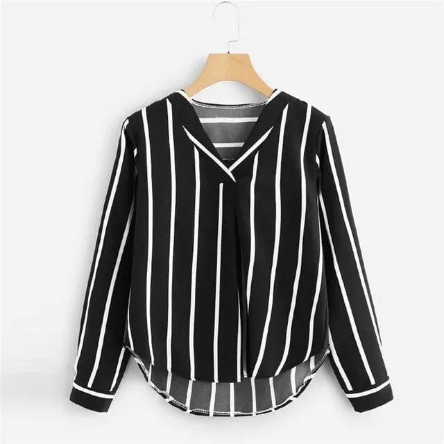 Autumn Long Sleeve V Neck Irregular Stripe Shirt Women Casual Tops And Blouses chemise femme camisas mujer women blouses