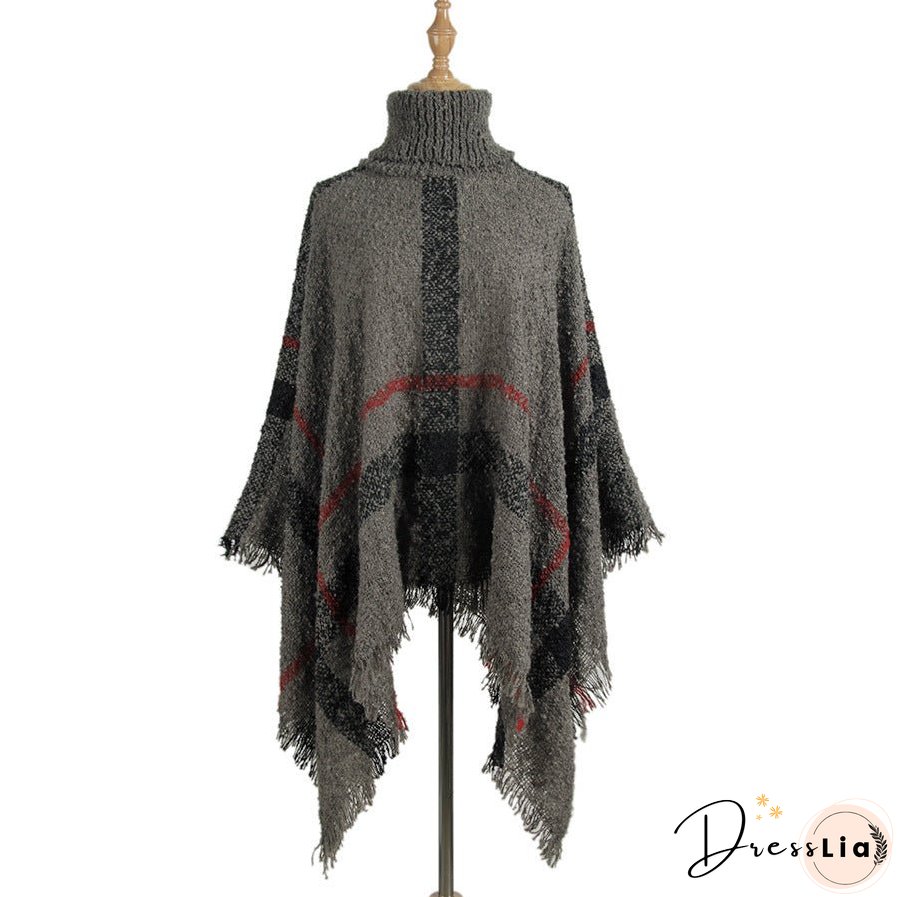 Sweater women's mid-length high collar fringe cape loose large size knit