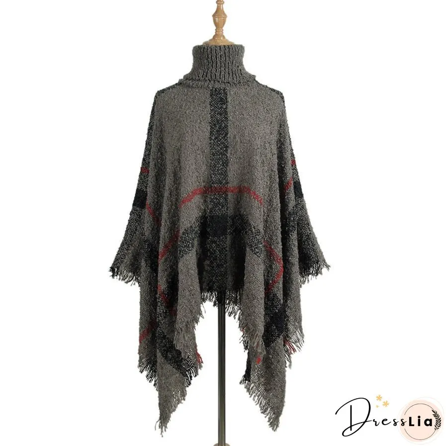 Sweater women's mid-length high collar fringe cape loose large size knit