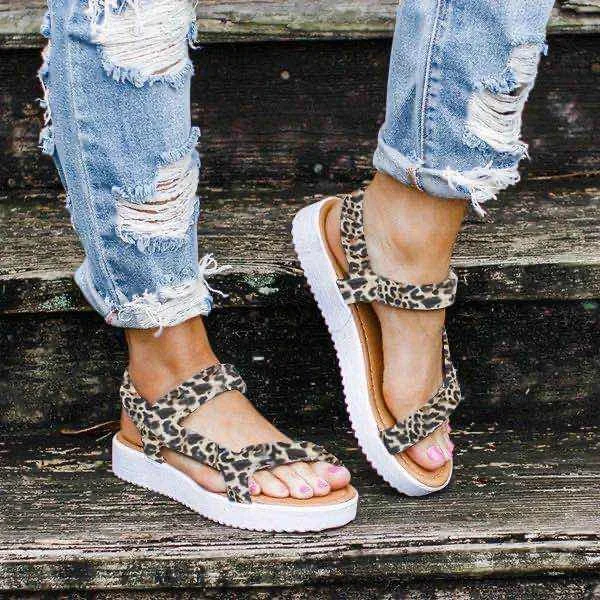 Fish mouth shoes women plus size leopard print velcro roman sandals