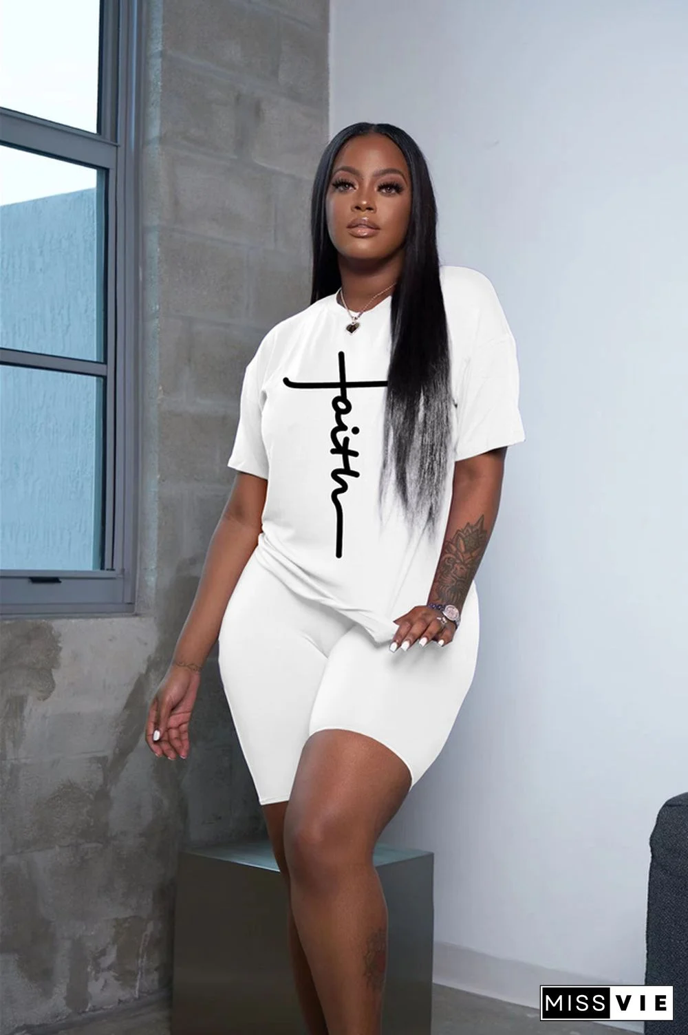 Letter Short Sleeve T Shirts and Shorts 2 Piece Outfits