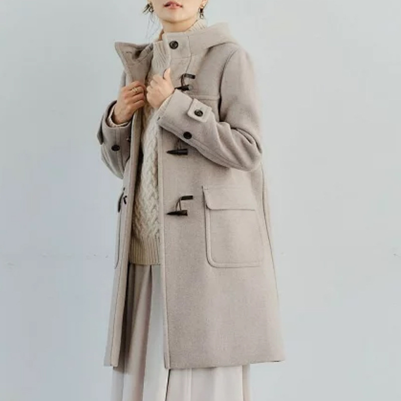 Women's thickened hooded woolen pocket coat