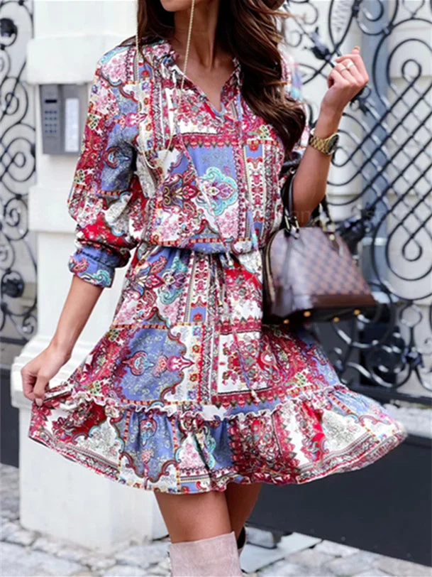 Women's Long Sleeve V-neck Floral Printed Lace-up Midi Dress