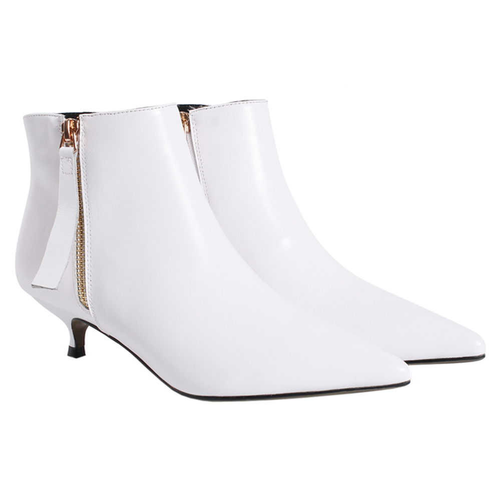 4cm Zipper Leather Kitten Heels Ankle Boots White-vocosishoes
