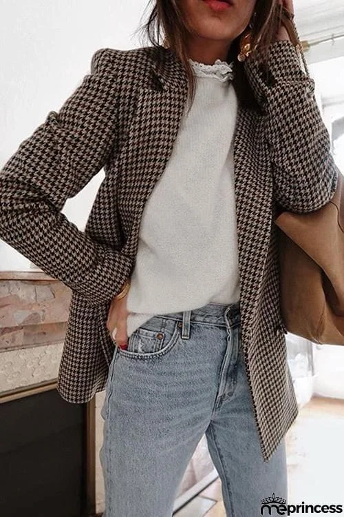 Plaid Button Long Sleeve Blazer