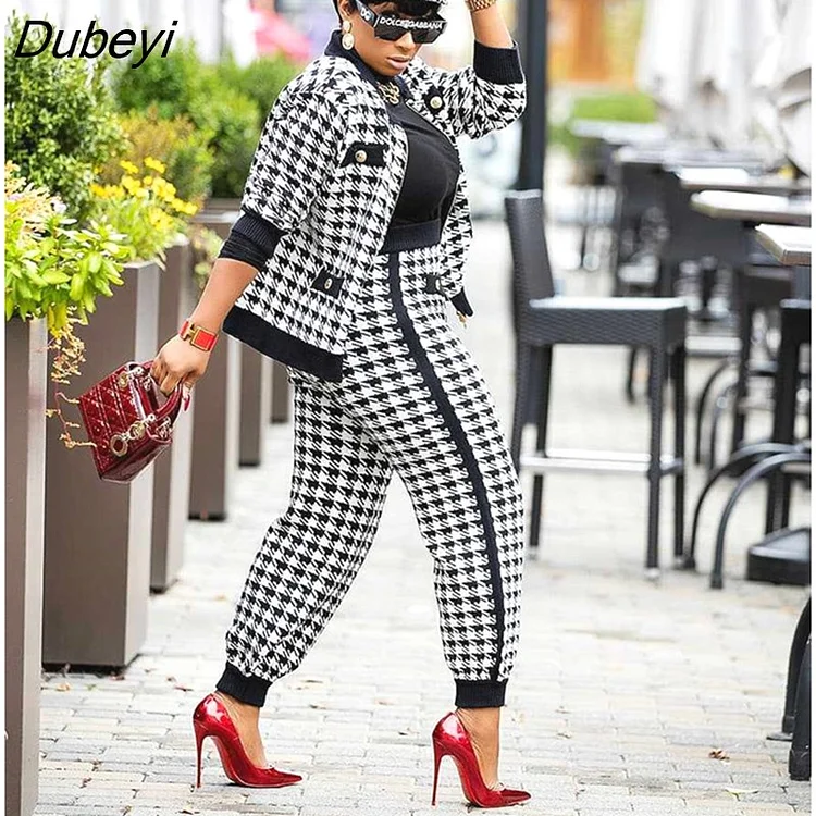 Dubeyi Houndstooth Patchwork Two 2 Piece Set for Women Vintage Fitness Outfits Jacket + Pants Set Streetwear Tracksuit