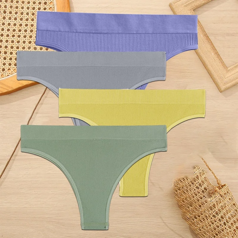 FINETOO 4PCS/Set Women Seamless Pantys Girls Thongs High Waisted Soft Woman Briefs 10 Solid Colors S-XL Sexy Underpant For Women
