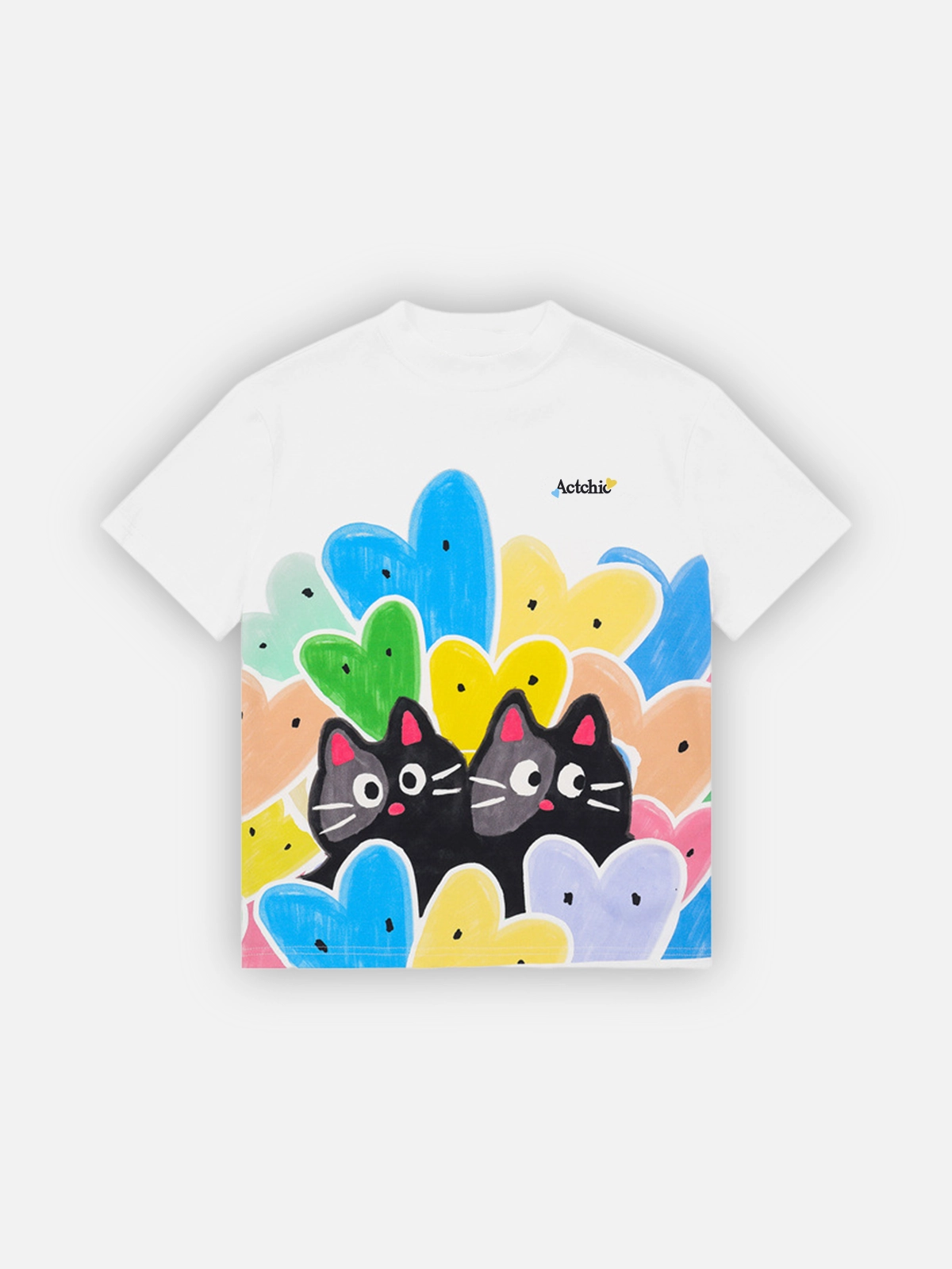 White Act Chic Cartoon Cat & Heart Print Tee Front