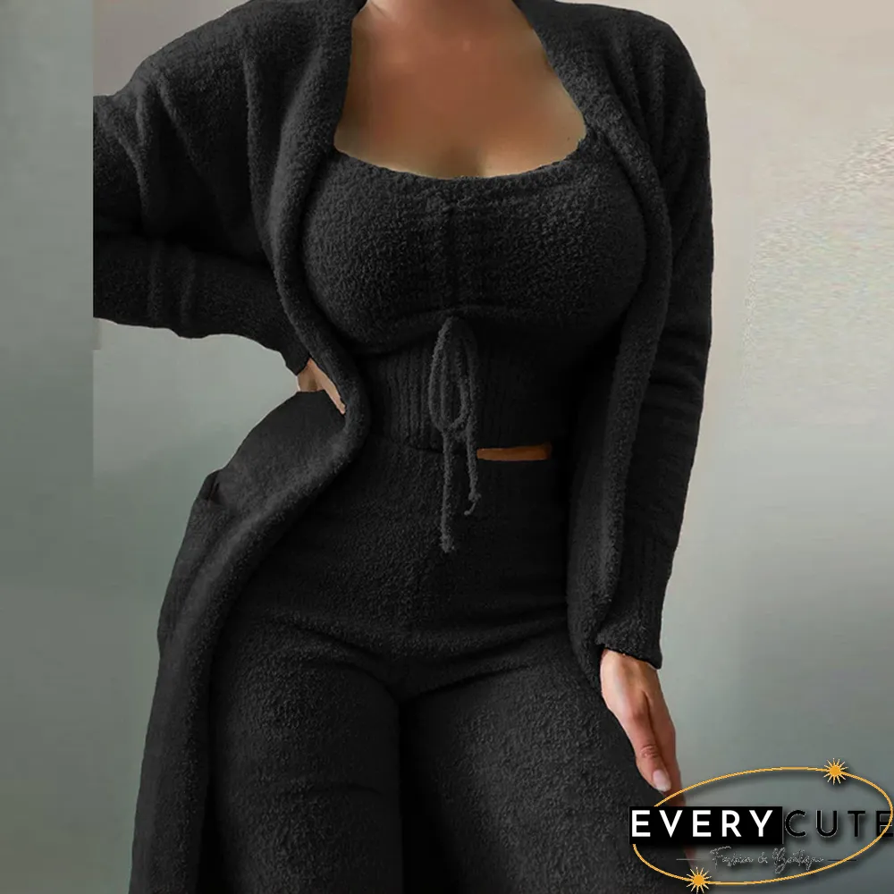 Autumn Winter New Women Fashion Casual Plush Lace-Up Vest+Long Cardigan+Trousers Suits Soft Fuzzy Solid Three Piece Set Outfits