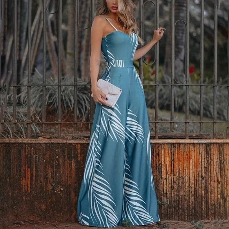 Print Elegant Women Jumpsuit High Waist Loose Casual Romper Office Lady Sleeveless Summer Spaghetti Strap Playsuit 2023.
