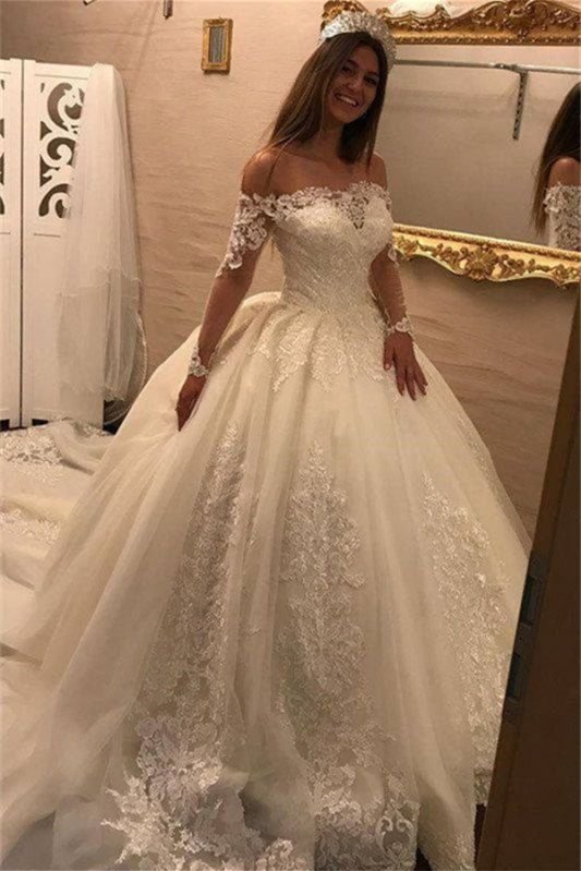 Schulterfreies Abendkleid Hochzeitskleid mit langen Ärmeln und Spitzenapplikationen PD0948 Lunass