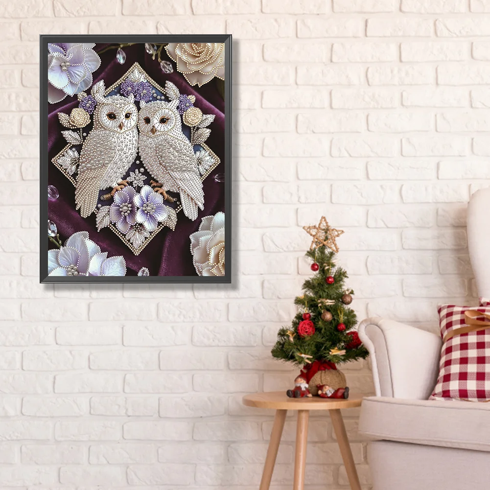 Pearl Twin Owls Special Shaped 5D DIY Partial Drill Diamond Painting Kit Home Art 30x40cm