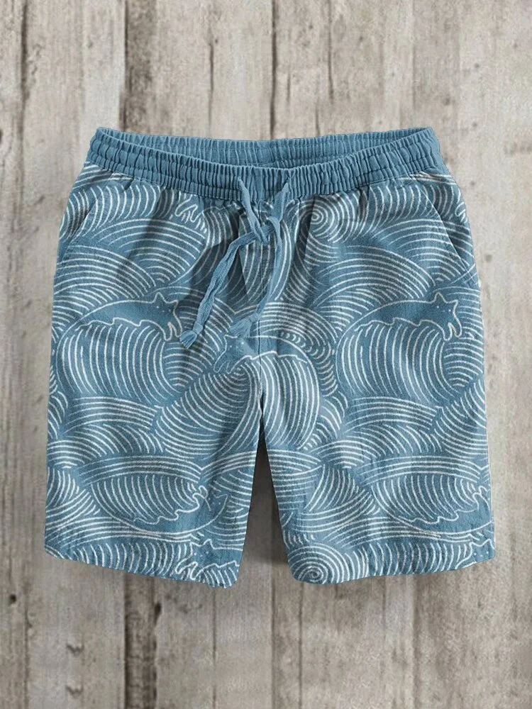 Men's Japanese Art Waves Cat Pattern Casual Shorts