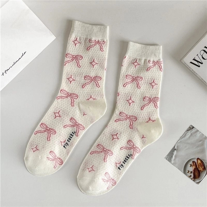 Bowknot Socks Women’s Spring And Summer Mid-length Socks Thin Sweat-absorbent Stockings Black And White Versatile Trendy Zhuji Socks