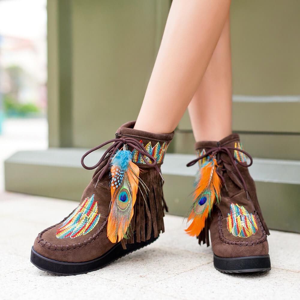 VCSHOES Wedge Suede Embroidery Embellished Ankle Boots