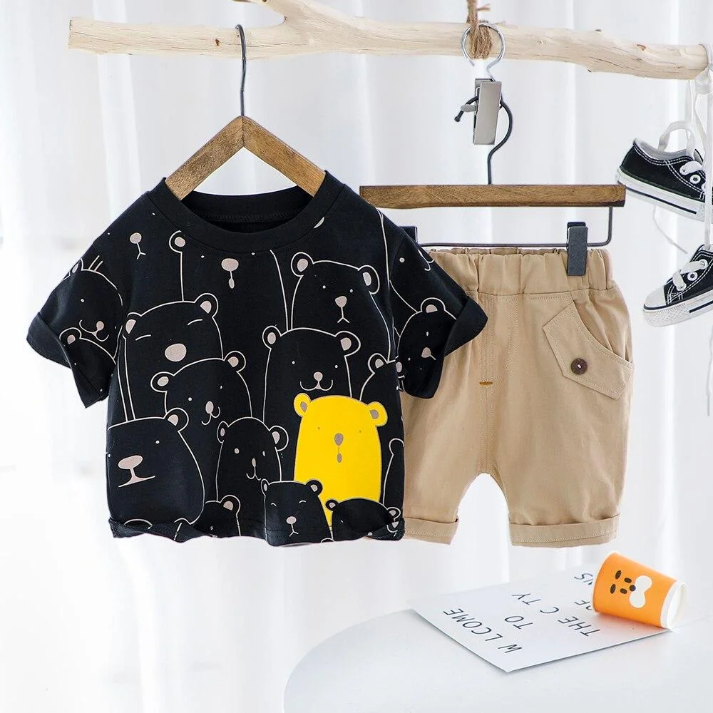 Clothes for Newborn Baby Boys Summer Set Cartoon Bear T-shirt Khaki Shorts 2 Pieces Children Outfits Short Sleeve Toddler