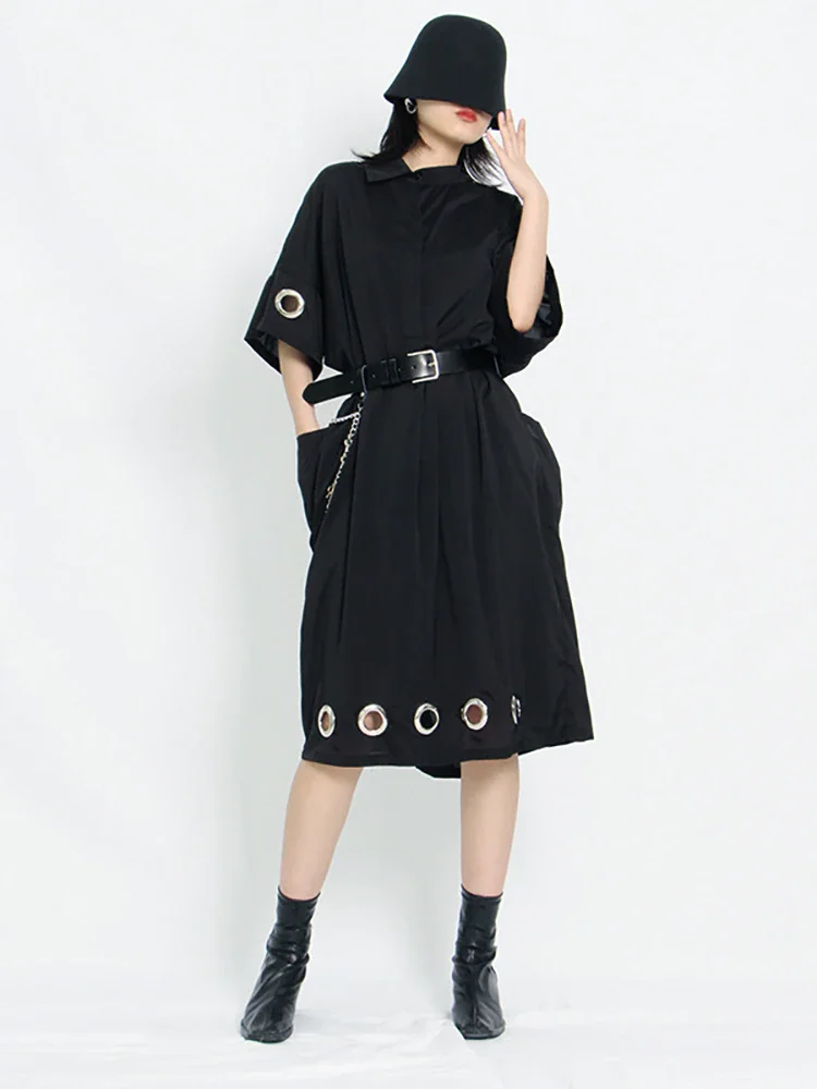 Street Loose Asymmetric Collar Splicing Hollow Out Metal Ring Decor Half Sleeve Dress       