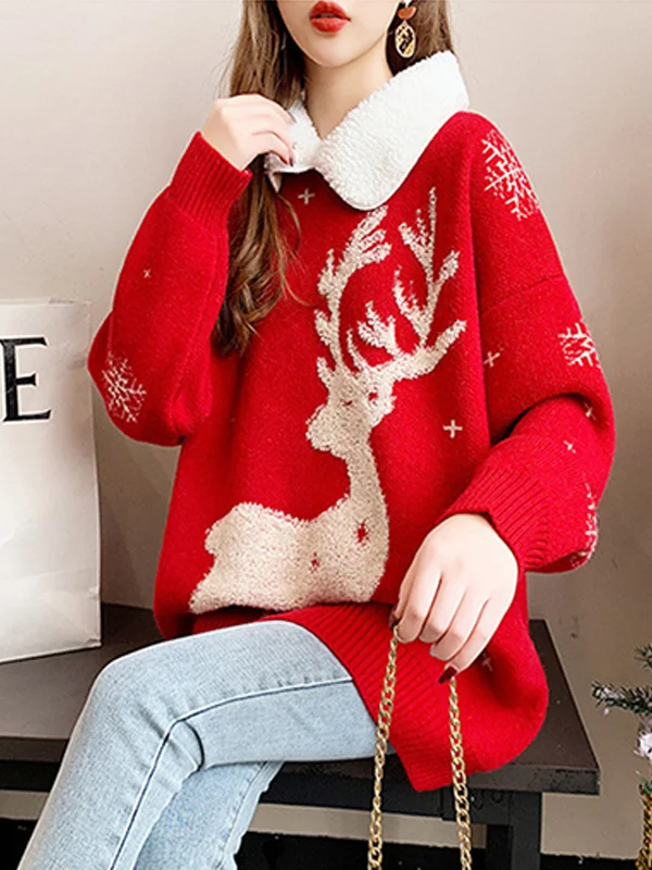 Christmas Elk Jacquard Lapel Collar Sweater - yankia