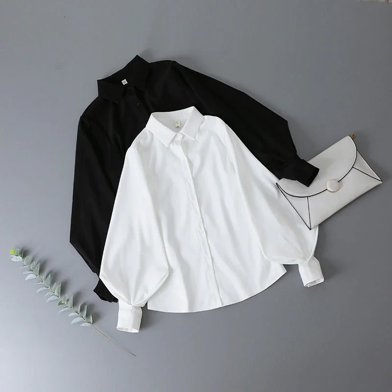 Zingj Basic White Elegant Blouses Women Office Ladies Shirt Lantern Sleeves Spring Autumn 2021 Fashion Button Up Shirts Black