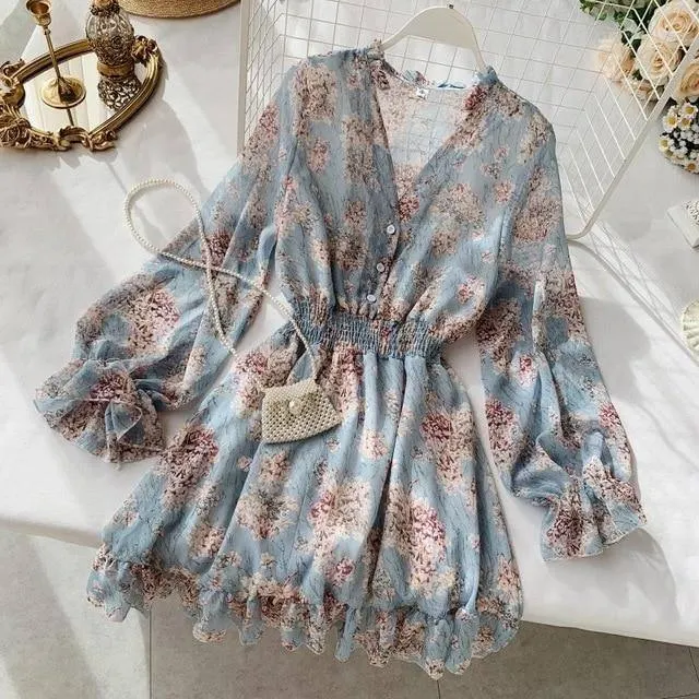 V-neck long-sleeved chiffon floral dresses