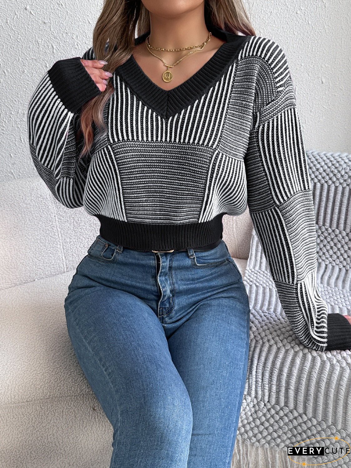 Striped V-Neck Long Sleeve Sweater
