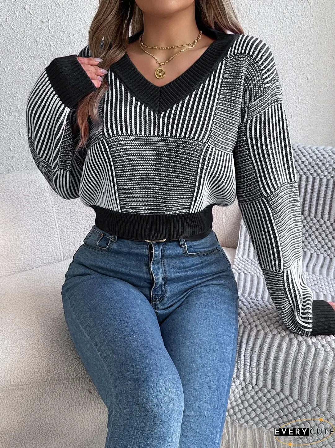 Striped V-Neck Long Sleeve Sweater