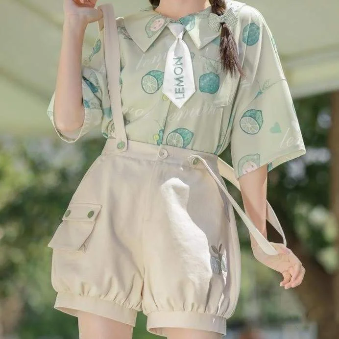 Cute Green Lemon Blouse & Overall SP16414