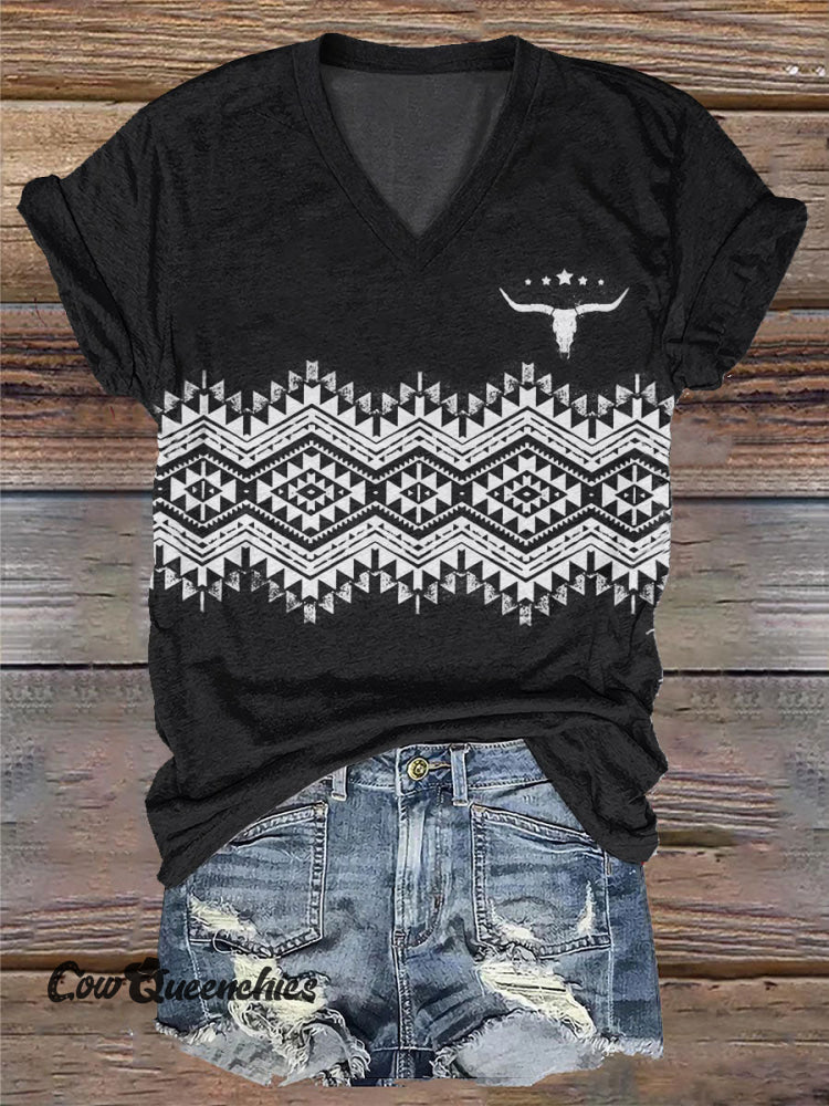 Women’s V-neck Aztec Print Casual T-Shirt Black / S