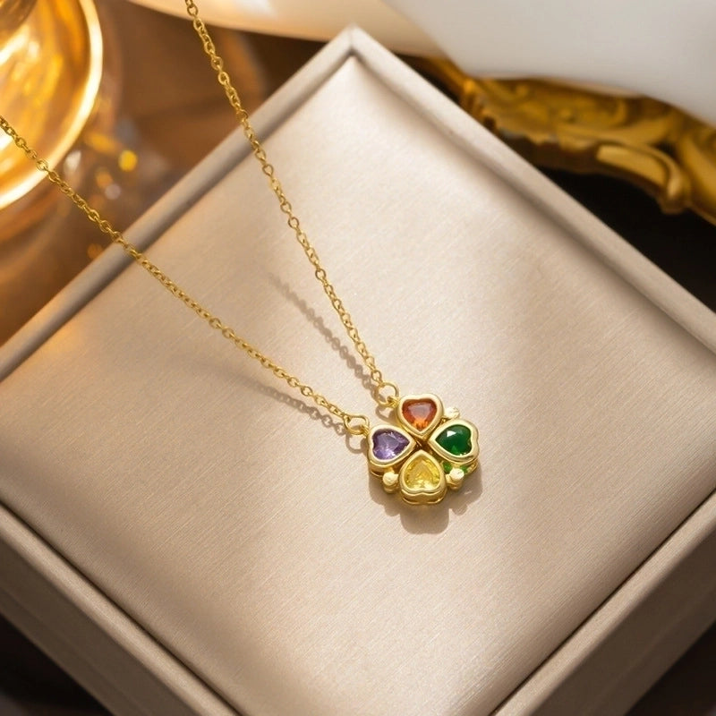 Titanium Steel Sweet Four Leaf Clover Heart Shape Plating Zircon Pendant Necklace