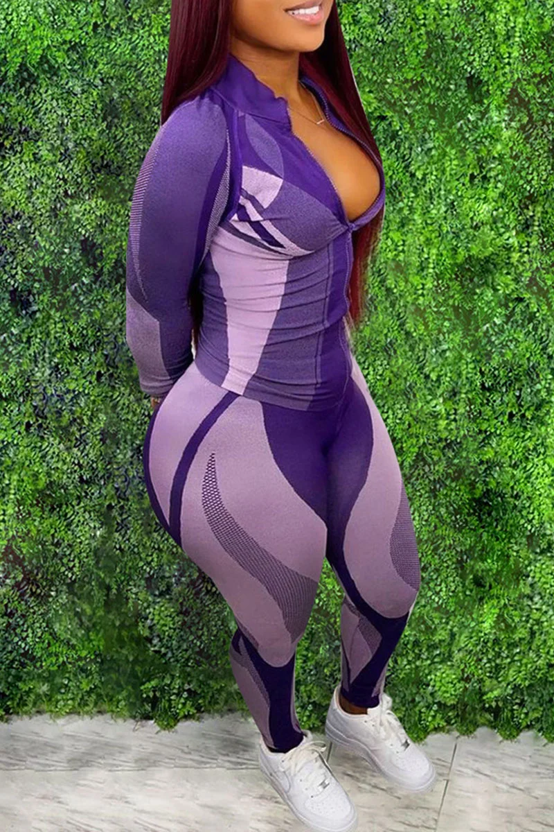 Purple Casual Print Patchwork Zipper Zipper Collar Long Sleeve Two Pieces | EGEMISS