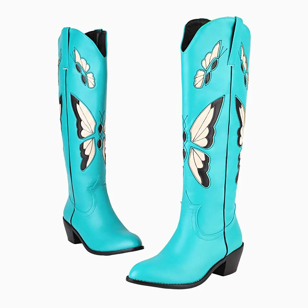 Turquoise Chunky Heel Knee High Cowgirl Boots with Butterfly Inlay