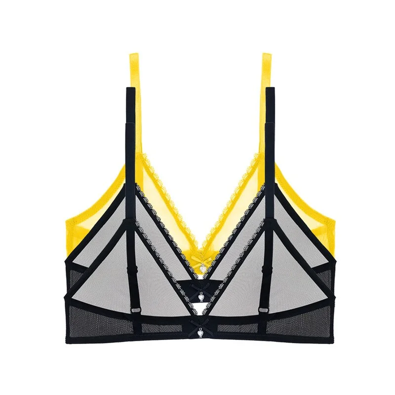 Varsbaby Sexy French Ultra-Thin Mesh Lingerie Lemon Yellow Mint Green Underwear Summer Breathable Bra Combination 3 PCS /Lot
