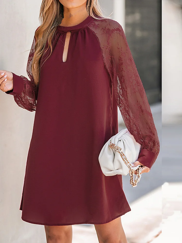 Elegant business casual office lace panel drop neck long-sleeved dress