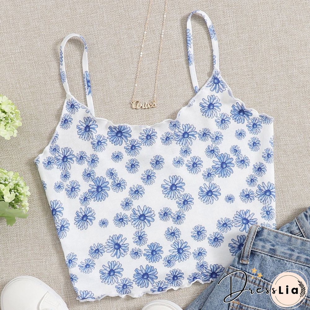 Ribbed Knit Flower Prints Cropped Cami Tops Lace Trim Tank