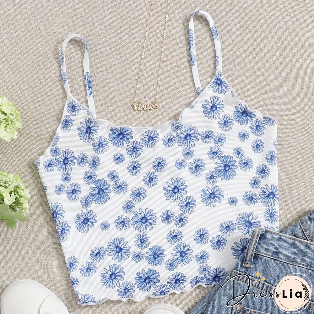 Ribbed Knit Flower Prints Cropped Cami Tops Lace Trim Tank