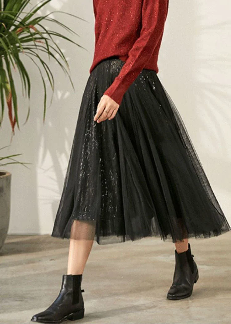 Plus Size Black Elastic Waist Sequins Tulle Skirt Spring