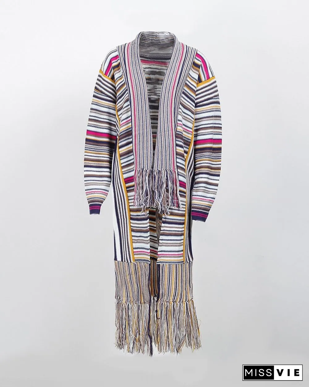Colorblock Tassel Design Knit Longline Cardigan