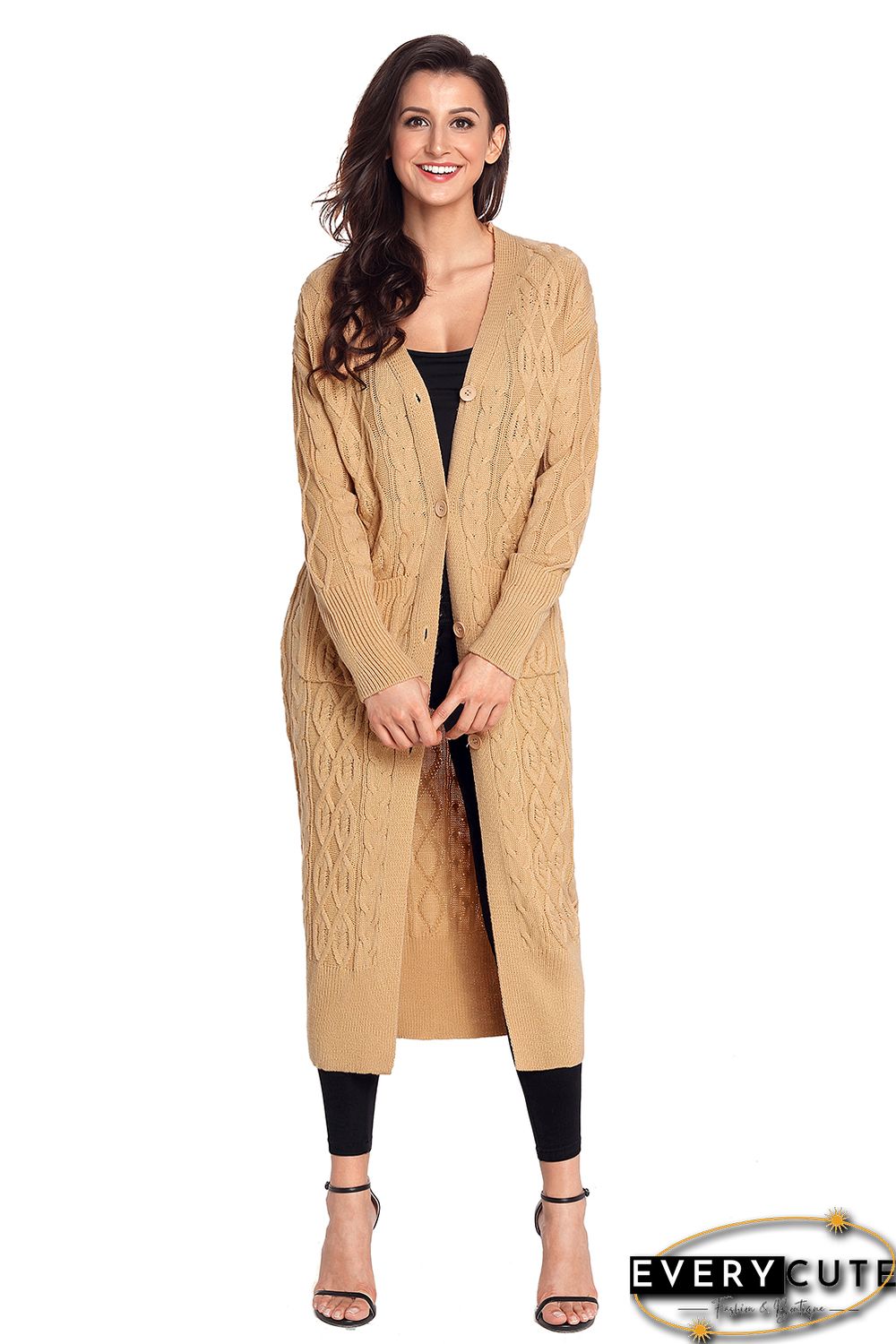 Khaki Cable Knit Long Cardigan