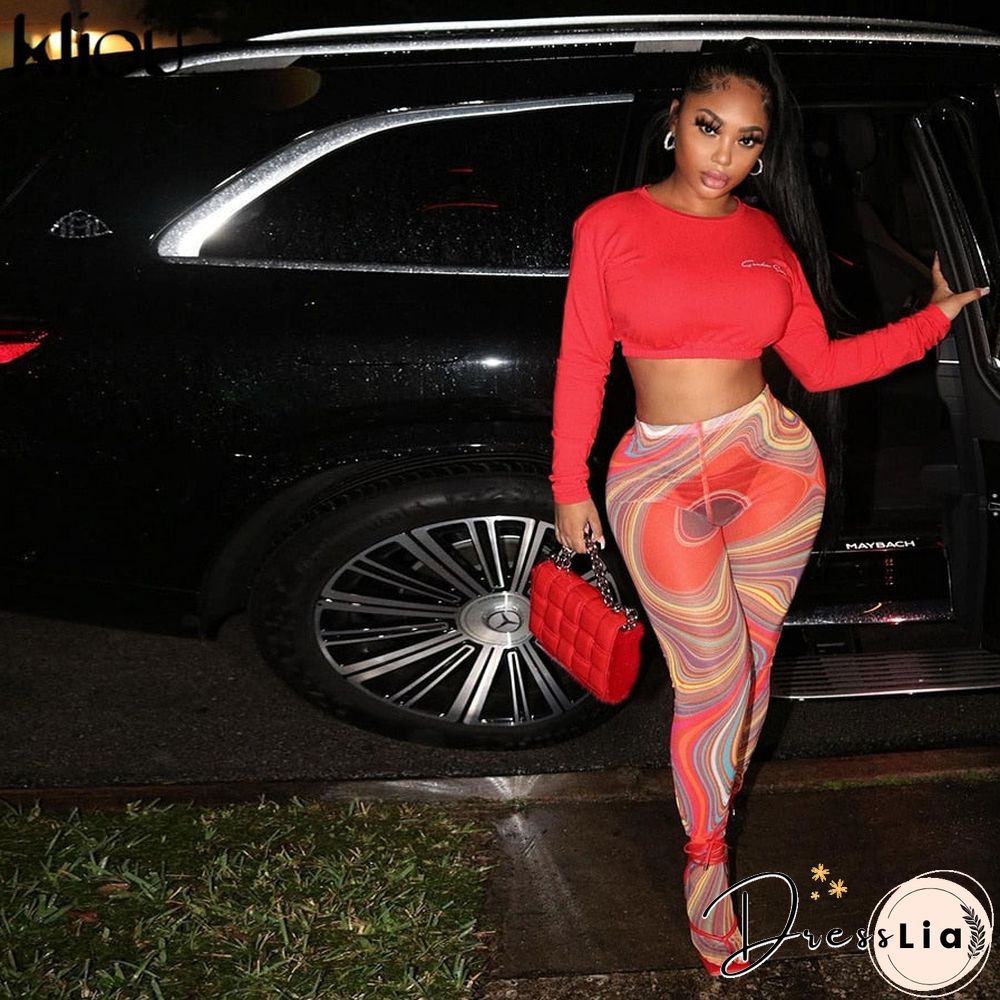 Kliou Mesh Print Foot Pants Women Medium Waist Skinny Body-Shaping Leggings Fashion Sexy High Street Female Trousers Hot