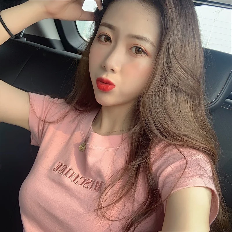 Uveng Uveng 2024 New Korean Letter Embroidered Slim Short-Sleeve T-Shirt Women's Wear