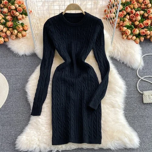 2023 New Spring Autumn Korean O-neck long sleeve knitted Dress twist stripe high waist elastic solid mid-length wrap Dress