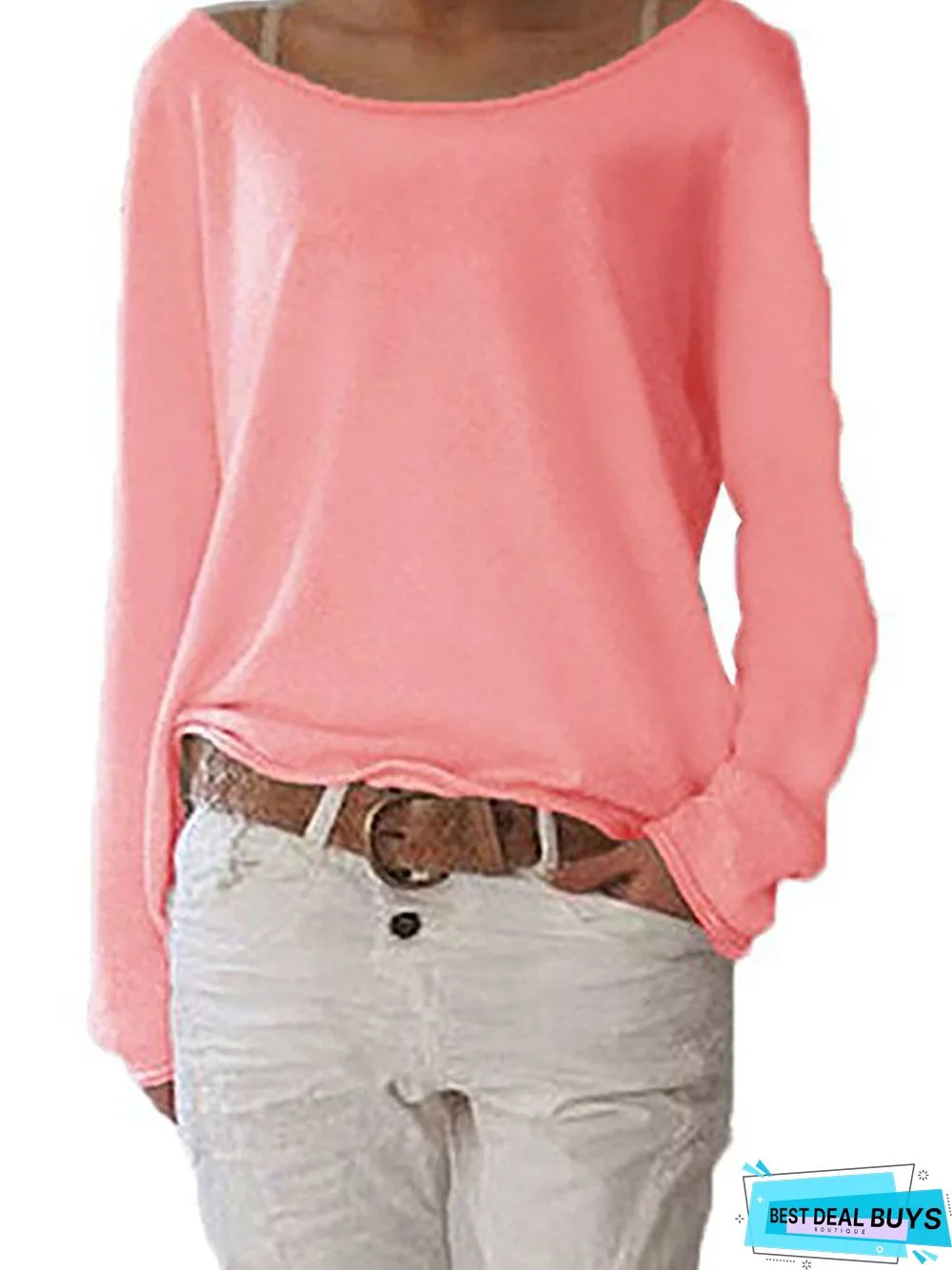 Crew Neck Long Sleeve Cotton Solid T-Shirt