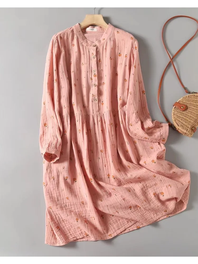 Wongn Colors-- Lamtrip Soft Cotton Yarn Stand Collar Long Sleeve Rustic Flowers Print Retro Middle Aged Women Dress